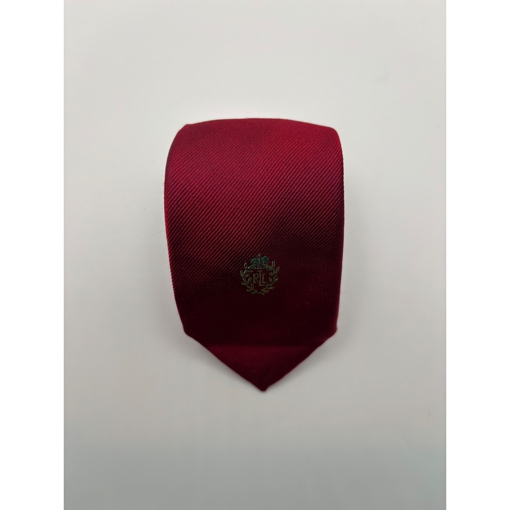 Lauren Ralph Lauren Mens Burgundy Red Silk Crest Embroidered Tie RL Logo Ribbed